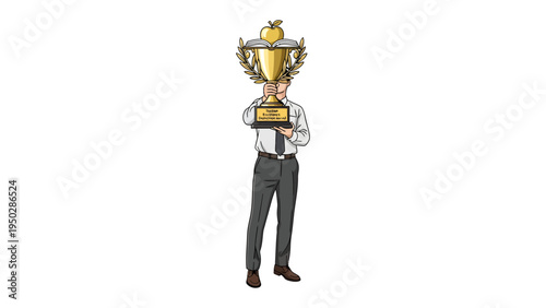 The Achiever's Prize: A lone figure, head obscured by a gleaming trophy, stands poised, embodying the culmination of dedication and the sweet taste of victory. 