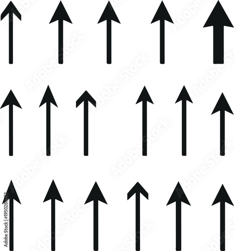 Upward arrow icons set showing different up direction pointers, navigation indicators and growth symbols black vector illustration collection
