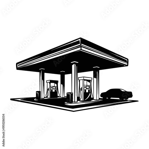 Gas station with fuel pumps and car parked nearby  