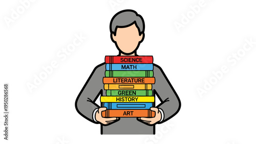 The Weight of Knowledge: A person stands with arms laden with an assortment of books, each labeled with a distinct subject, conveying the depth and breadth of educational pursuits.