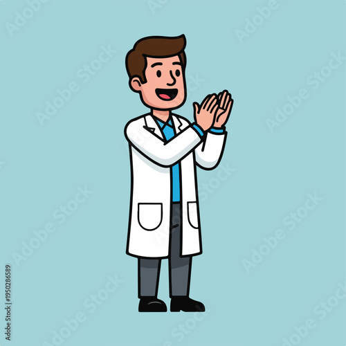 Friendly doctor in white coat with hands together in greeting