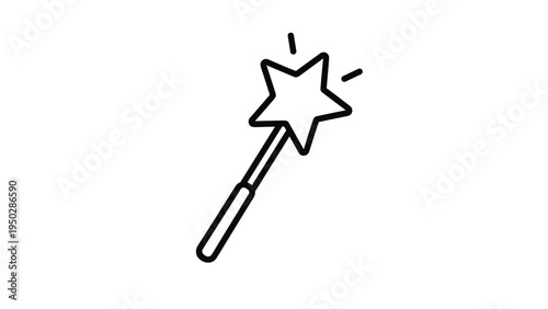 Minimalist black outline icon of a magic wand with a star on top and sparkling rays representing magic and enchantment.
