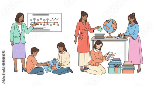 Worldly Knowledge: A group of individuals in a bright setting engage in different aspects of learning about the world through globes, charts, and maps. Representing knowledge, education.