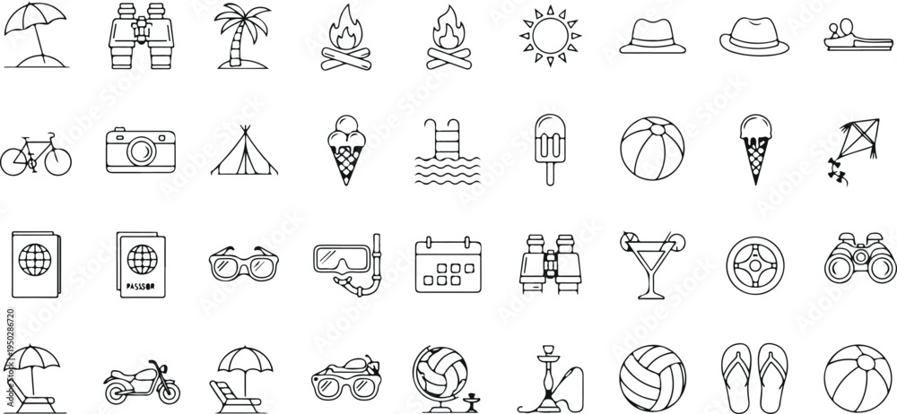 Naklejka premium Summer vacation and beach travel icon vector set with umbrella, palm tree, bicycle, ice cream, and holiday symbols isolated on light background