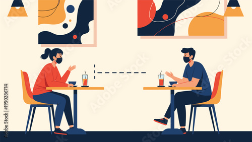 Two people wearing masks sitting at separate tables in a cafe following social distancing rules while having drinks.