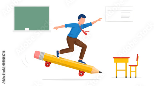 Innovation on the Blackboard: A dynamic illustration captures a spirited individual on a pencil-shaped skateboard.