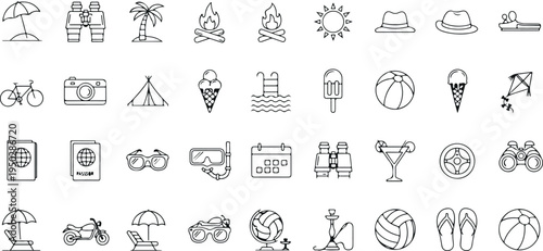 Summer vacation and beach travel icon vector set with umbrella, palm tree, bicycle, ice cream, and holiday symbols isolated on light background