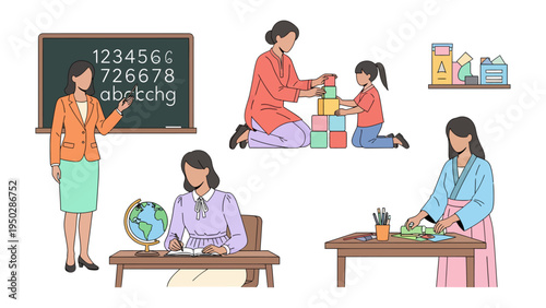 Education in the Classroom: An array of classroom scenes unfolds, capturing teachers instructing pupils, a student studying a globe, and other elements.