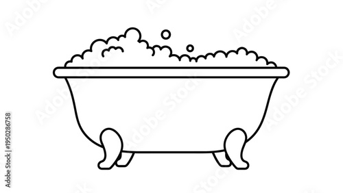 Minimalist black outline icon of a classic clawfoot bathtub filled with soapy water and fluffy white bubbles on top.