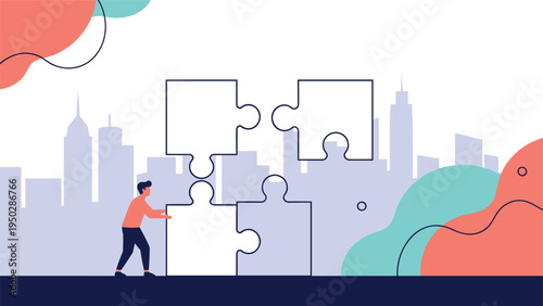Man working on a large jigsaw puzzle with a city skyline background representing teamwork and problem solving.