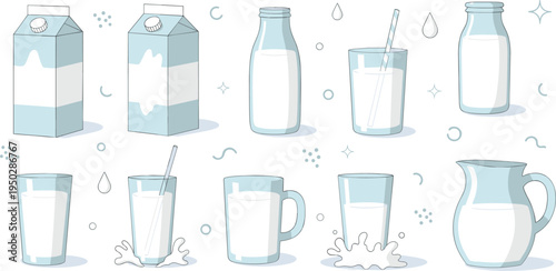 Fresh milk packaging and glass set with paper cartons glass bottles mugs and pitcher with splashes and straws flat vector illustration isolated on white background.