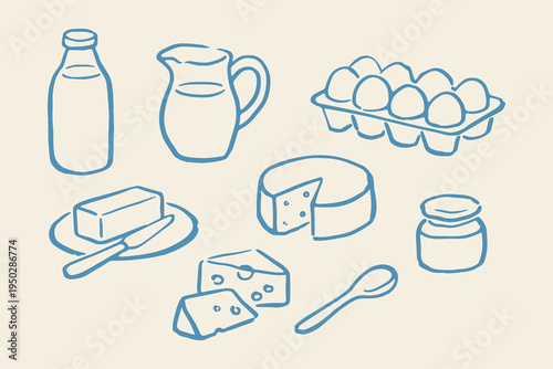 Dairy products set outline sketch vector illustration
