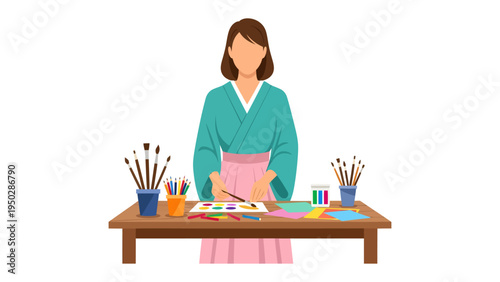 Artistic Serenity: An artist finds inspiration, surrounded by vibrant colors, a palette of creativity, and the tools of her craft. She focuses on her work in her creative sanctuary