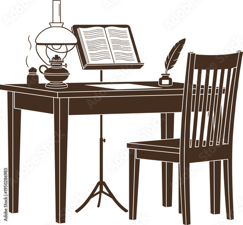 Vintage Desk with Oil Lamp, Open Book, Inkwell, Quill Pen and Chair table furniture