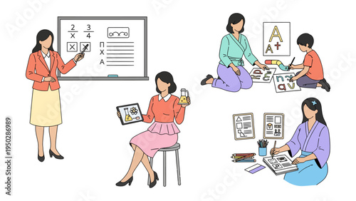 Educational Moments: Capturing scenes of female educators with children and tools, demonstrating an array of teaching and learning environments.