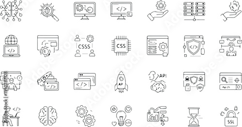 Software development and programming line icons set including coding API database security cloud and developer tools vector collection