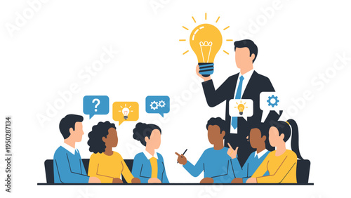 Illuminating Minds: A group of individuals in a meeting collaborate on ideas, with a central figure showcasing a bright lightbulb symbolizing ingenuity and innovation.