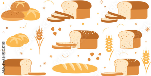Bakery bread set with whole loaves sliced toast baguette buns and wheat stalks flat vector illustration isolated on white background for food shop
