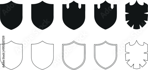 Shield emblem icon vector set with solid and outline protection badges isolated on light background for security, heraldry, defense, and logo design