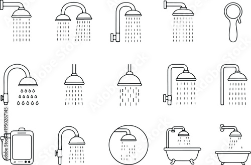 Shower and bathroom icon vector set with shower head, bathtub, water heater, and hygiene symbols isolated on light background for plumbing and sanitation design