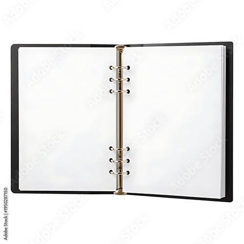Open ring binder with blank pages and metal rings visible, isolated on white background