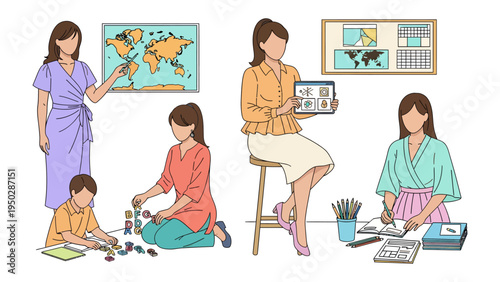 Education in Everyday: A scene of educators nurturing young minds through diverse learning activities. Each depicts a different facet of instruction.