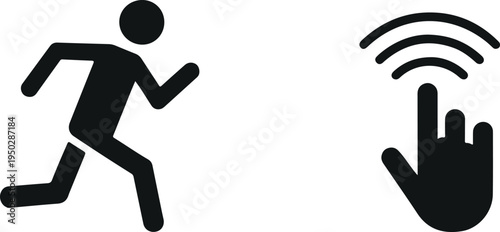 Running person and touch gesture icons vector set with wireless signal hand control symbol illustration