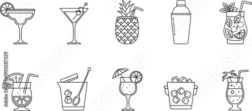 Set of Line Art Cocktail Glasses, Drinks, and Barware Icons for Summer, Party, and Beverage Designs