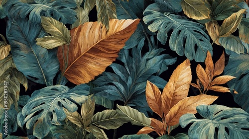 Tropical leaves, dark in shade, boast orange and green touches.
