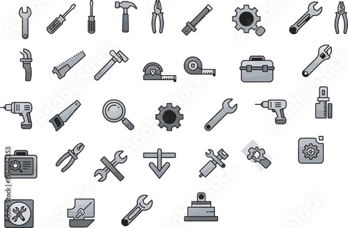 Set of Gray Hand Tools and Equipment Icons
