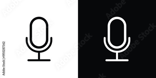 Minimalist outline microphone icon set on white and black backgrounds. Simple vector linear design for voice record, podcast, and audio interface. Clean stroke style for modern app UI.