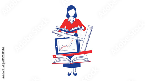 Knowledge Keeper: A dedicated educator, brimming with expertise, surrounded by a world of books, a tablet with chart and tools.