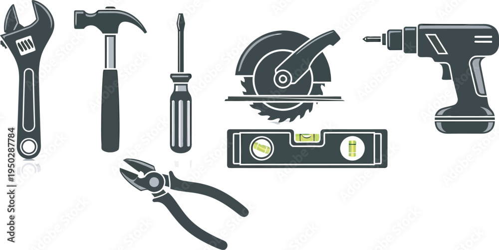 Naklejka premium Set of Black and White Hand Tools Illustration