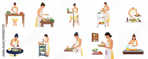Set of illustrations showing a woman in an apron preparing healthy meals like avocado toast and fresh salads in various kitchen settings.