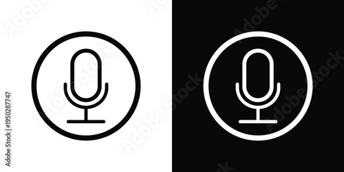 Outline microphone symbol enclosed in a circle. Vector icon set for voice command, assistant, and audio recording. Professional linear UI element for web and mobile application design.