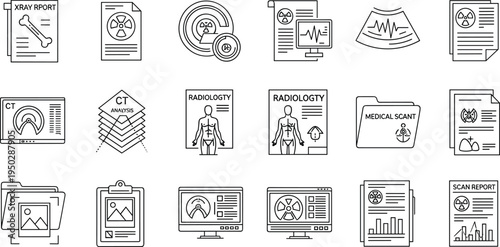 Set of Medical Imaging, Radiology, and Scan Report Icons in Line Art Style for X-ray, CT Scan, and Medical Diagnostics
