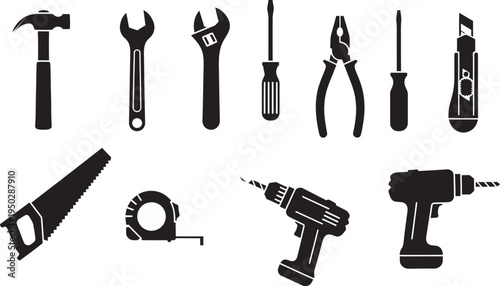 Black Hand Saw and Measuring Tools Silhouette