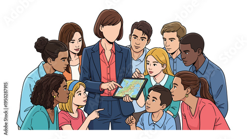 Community Collaboration: A diverse group of people gathers around a tablet, focused on a map, symbolizing unity and shared goals. The scene highlights collaboration, diversity.