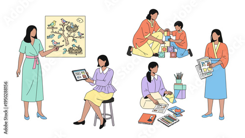 Daily Routine of woman: A set of illustrations showcasing a woman engaged in various activities, ranging from learning to teaching, and managing daily task
