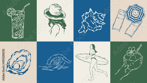 Coastal living hand drawn illustration collection. Travel doodles. Art for postcards, menu, print posters, packaging design.