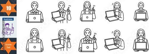 Set of 10 business icons featuring men and women with laptops and ideas