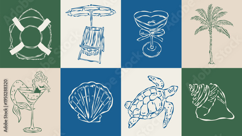 Coastal living hand drawn illustration collection. Travel doodles. Art for postcards, menu, print posters, packaging design.