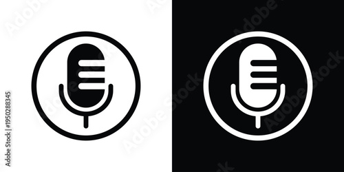 Minimalist outline microphone icon set on white and black backgrounds. Simple vector linear design for voice record, podcast, and audio interface. Clean stroke style for modern app UI.