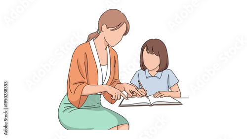 Mentoring: Illustration of a focused mentor guiding a young learner with a book, fostering educational growth.