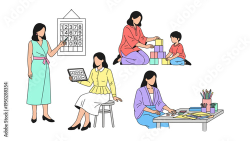 Teacher and Children Activity Scene: A compilation of illustrations depicts an educator and children engaged in diverse educational activities. 