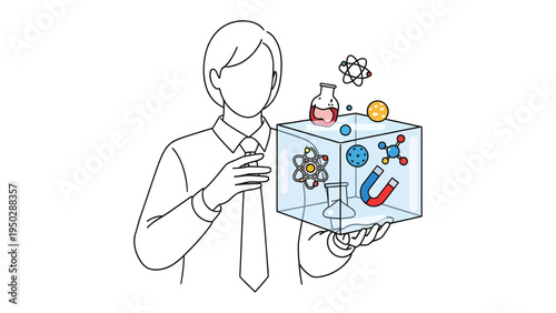 Illustration of Scientist: A person presents a captivating illustration, showcasing various scientific elements, including beakers, magnets, and molecular structures.