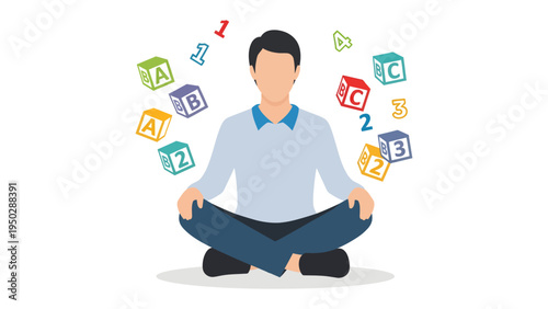 Mindful Learning: A serene individual sits in a meditative pose, surrounded by colorful alphabet blocks and numbers, representing the journey of learning and discovery. 
