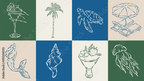 Coastal living hand drawn illustration collection. Travel doodles. Art for postcards, menu, print posters, packaging design.