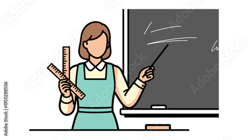 School Guidance and Direction: An educator, armed with a pointer and a measuring tool, stands before the blackboard, prepared to illuminate minds and shape futures.