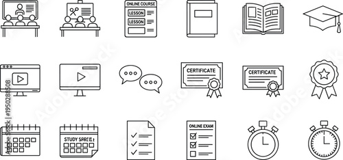 Set of Online Learning Icons Featuring Courses, Certificates, Exams, Study Tools, and Educational Resources